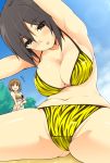  +++ 2girls animal_print bangs bear_print bikini blush boko_(girls_und_panzer) bow_bikini breasts brown_bikini brown_eyes brown_hair cleavage clouds cloudy_sky commentary crotch_seam day eyebrows_visible_through_hair frilled_bikini frills girls_und_panzer groin half-closed_eyes kuku123 large_breasts leaning_forward lens_flare looking_at_another medium_breasts multiple_girls navel nishizumi_maho nishizumi_miho open_mouth outdoors parted_lips print_bikini short_hair sitting sky smile standing stretch sweatdrop swimsuit tiger_stripes tree yellow_bikini 