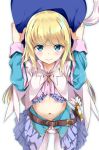  1other 3: androgynous belt blonde_hair blue_eyes blush chevalier_d&#039;eon_(fate/grand_order) commentary_request fate/grand_order fate_(series) hands_on_headwear hat highres midriff navel nishimi_shin solo 