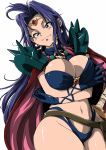 1girl blue_eyes blue_gloves blue_panties blush breast_hold breasts cape circlet cleavage closed_mouth cowboy_shot earrings eyelashes gem gloves groin hair_intakes highleg highleg_panties highres jewelry large_breasts long_hair looking_at_viewer moyamu naga_the_serpent navel necklace panties pauldrons purple_hair red_cape simple_background skull skull_necklace slayers smile solo spikes straight_hair sword underwear weapon white_background 