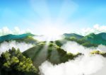  anchoku_0621 blue_sky clouds commentary_request day fog forest highres light_rays mononoke_hime nature no_humans outdoors scenery sky sun 