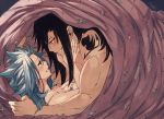  1boy 1girl black_hair blue_hair blush breasts brown_eyes cleavage couple ear_piercing eye_contact fairy_tail gajeel_redfox grin levy_mcgarden long_hair looking_at_another medium_breasts nose_piercing piercing rusky shirt signature sleeveless sleeveless_shirt smile tattoo under_covers upper_body white_shirt 