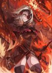  1girl armor armored_dress black_dress black_panties dragon dress fate/grand_order fate_(series) floating_hair gauntlets grin holding holding_sword holding_weapon jeanne_d&#039;arc_(alter)_(fate) jeanne_d&#039;arc_(fate)_(all) long_hair nagasawa_tougo panties pixiv_fate/grand_order_contest_2 silver_hair smile solo standing sword underwear weapon yellow_eyes 