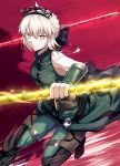  1girl artoria_pendragon_(all) artoria_pendragon_(swimsuit_rider_alter) bangs bare_shoulders belt black_bow blonde_hair bow braid breasts cosplay elbow_gloves fal fate/grand_order fate/zero fate_(series) french_braid gae_buidhe gae_dearg gloves green_gloves green_pants grin hair_bow jewelry lancer_(fate/zero) lancer_(fate/zero)_(cosplay) medium_breasts necklace pants polearm red_background saber_alter slit_pupils smile spear tiara weapon yellow_eyes 