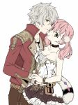 1boy 1girl :o atelier atelier_(series) atelier_escha_&amp;_logy bare_shoulders black_choker black_skirt blush breasts brown_pants cleavage commentary_request couple dress escha_malier frilled_skirt frills gem green_eyes grey_hair hand_on_another&#039;s_chest hetero imminent_kiss jacket jewelry logix_ficsario long_hair looking_at_viewer medium_breasts neck necklace pants pink_hair pom_pom_(clothes) red_jacket short_hair skirt standing strapless strapless_dress white_dress yuuki_mitsuru 