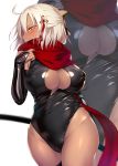  1girl ahoge black_legwear blush breasts breath bridal_gauntlets cleavage cleavage_cutout commentary_request cowboy_shot dark_skin fate/grand_order fate_(series) hair_ornament half-closed_eyes half_updo highres leotard looking_at_viewer okita_souji_(fate) okita_souji_alter_(fate) profile red_scarf satou_kuuki scarf shiny shiny_clothes short_hair single_thighhigh sky solo sweat tassel thigh-highs white_background white_hair yellow_eyes zoom_layer 