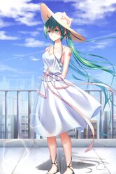  1girl arms_behind_back bangs blue_sky bow breasts cleavage clouds collarbone day dress eyebrows_visible_through_hair floating_hair geduan green_eyes green_hair hair_between_eyes hat hat_bow hatsune_miku highres jewelry long_hair medium_breasts necklace number outdoors pink_bow pink_ribbon ribbon sky sleeveless sleeveless_dress smile solo standing sun_hat sundress tattoo twintails very_long_hair vocaloid white_dress white_hat 