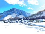  anchoku_0621 blue_sky building clouds commentary_request day highres house mountain no_humans original outdoors revision scenery sky snow tree village winter 