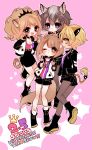  4girls :d animal_ears big_hair black_footwear black_shorts blonde_hair blush boots breasts bright_pupils brown_hair brown_legwear cheety_(show_by_rock!!) chino_machiko cleavage closed_mouth fennery_(show_by_rock!!) hair_ornament hairclip hands_up jacket jewelry laina_(show_by_rock!!) multiple_girls necklace one_eye_closed open_clothes open_jacket open_mouth orange_eyes pantyhose pink_background ponytail red_eyes shorts show_by_rock!! simple_background smile socks tail violet_eyes white_legwear yellow_eyes zebrina_(show_by_rock!!) 