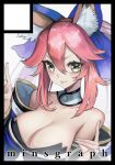  1girl :p animal_ears artist_name bangs black_border blue_bow blue_kimono border bow breasts circle_cut cleavage commentary_request detached_collar fate/extra fate_(series) fox_ears fox_shadow_puppet green_eyes hair_between_eyes hair_bow japanese_clothes kimono large_breasts long_hair looking_at_viewer mins_(minevi) pink_hair smile solo tamamo_(fate)_(all) tamamo_no_mae_(fate) tongue tongue_out twintails 