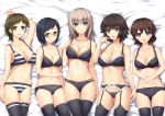  5girls adjusting_bra adjusting_clothes akaboshi_koume arm_up bangs bed_sheet black_bra black_eyes black_hair black_legwear black_panties blue_eyes bow bow_bra bow_panties bra breasts brown_eyes brown_hair chinese_commentary cleavage closed_mouth collarbone commentary_request crotch_seam eyebrows_visible_through_hair fingernails from_above garter_belt girls_und_panzer glasses gluteal_fold green_eyes hand_on_own_face hands_on_stomach highres horizontal-striped_bra horizontal-striped_panties itsumi_erika lace lace-trimmed_bra lace-trimmed_garter_belt lace-trimmed_panties lace-trimmed_thighhighs layered_panties light_frown long_hair looking_at_viewer lying mauko_(girls_und_panzer) medium_breasts multiple_girls navel on_back on_bed open_mouth panties panties_under_garter_belt parted_lips print_legwear ritaiko_(girls_und_panzer) sangou_(girls_und_panzer) short_hair silver_hair smile srwsrx_(gp03dsrx) string_panties striped striped_bra swept_bangs thigh-highs thigh_gap underwear underwear_only 