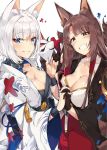  2girls absurdres akagi_(azur_lane) animal_ears azur_lane black_gloves breasts brown_eyes brown_hair brown_kimono cleavage fox_ears fox_mask gloves grin highres holding holding_mask japanese_clothes kaga_(azur_lane) kimono kitsune large_breasts long_hair long_sleeves looking_at_viewer mask mask_removed multiple_girls pointing pointing_up short_hair smile teeth tuxedo_de_cat white_hair white_kimono 