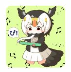  1girl atlantic_puffin_(kemono_friends) bangs beamed_eighth_notes bird_girl bird_tail bird_wings black_hair black_jacket black_scarf blazer blush_stickers bob_cut border breasts chibi commentary_request cropped_legs eighth_note eyebrows_visible_through_hair green_background head_wings highres holding holding_instrument instrument jacket kemono_friends keyboard_(instrument) long_sleeves looking_down melodica miniskirt multicolored_hair music musical_note necktie open_blazer open_clothes open_jacket parted_bangs playing_instrument pleated_skirt rakugakiraid red_eyes rounded_corners scarf short_hair simple_background skirt small_breasts solo speech_bubble sweater_vest tareme translated white_border white_hair white_neckwear white_skirt wings 
