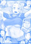  1girl 6+boys beer_can blue body_writing breasts can cellphone commentary earrings eating flag getsuyoubi_no_tawawa himura_kiseki jewelry large_breasts multiple_boys pants phone smartphone surprised under_boob 