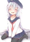  1girl ^_^ ^o^ black_hat black_legwear black_sailor_collar black_skirt blush closed_eyes eyebrows_visible_through_hair flat_cap hair_between_eyes hat hibiki_(kantai_collection) kantai_collection long_hair long_sleeves neckerchief open_mouth pleated_skirt red_neckwear sailor_collar school_uniform serafuku silver_hair skirt smile solo sorahachi_(sora823) thigh-highs 