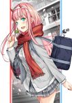  1girl aqua_eyes bag blazer blurry blurry_background blush candy darling_in_the_franxx fang food hairband hiro_(darling_in_the_franxx) hiroki_(hirokiart) horns jacket lollipop long_hair looking_at_viewer necktie open_mouth petals pink_hair pleated_skirt red_scarf scarf school_uniform skirt solo walking white_hairband zero_two_(darling_in_the_franxx) 