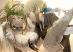 2girls ahoge artoria_pendragon_(all) black_neckwear blonde_hair bodysuit boots braid breasts bridal_veil carrying chains cleavage fate/extra fate/extra_ccc fate/grand_order fate/stay_night fate_(series) formal full-length_zipper gloves green_eyes hair_bun large_breasts leotard lock long_sleeves looking_at_viewer multiple_girls necktie nero_claudius_(bride)_(fate) nero_claudius_(fate)_(all) no-kan one_eye_closed princess_carry saber smile suit thigh-highs thigh_boots veil white_bodysuit white_gloves white_legwear white_leotard wreath zipper zipper_pull_tab 