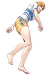  1girl :d barefoot breasts brown_eyes easy_(aqk7bdqt) full_body large_breasts nami_(one_piece) one_piece open_mouth orange_hair short_hair short_sleeves simple_background skirt smile solo white_background yellow_skirt 
