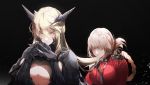  2girls artoria_pendragon_(all) artoria_pendragon_(lancer_alter) bangs black_armor black_background black_ribbon blonde_hair braid breasts closed_eyes fate/grand_order fate_(series) florence_nightingale_(fate/grand_order) frown gauntlets gendou_pose hair_between_eyes hair_down hair_ribbon hands_clasped horns large_breasts long_hair multiple_girls no-kan own_hands_together pink_hair ribbon under_boob yellow_eyes yuri 