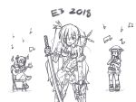  3girls blood bloody_weapon commentary death_stranding drawfag e3 fetus flute greyscale guitar gun holding holding_weapon injury instrument k-sha katana monochrome multiple_girls neptune_(series) noire parody sword twintails uni_(choujigen_game_neptune) weapon 