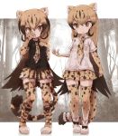 &gt;:&lt; 2girls black_hair black_shirt blonde_hair boots bow breast_pocket brown_hair cheetah_(kemono_friends) cheetah_ears cheetah_tail collared_shirt commentary_request elbow_gloves eyebrows_visible_through_hair gloves gradient_hair hand_in_front_of_face highres kemono_friends king_cheetah_(kemono_friends) kolshica long_hair multicolored_hair multiple_girls necktie pleated_skirt pocket shirt shoe_bow shoes short_sleeves skirt tail thigh-highs white_shirt zettai_ryouiki