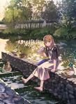  1girl animal bag bangs barefoot bf._(sogogiching) bird black_shirt brown_hair bush can commentary_request duck handbag holding holding_can lanyard original outdoors overall_skirt pond shirt shoes_removed short_hair short_sleeves sitting sitting_on_wall solo stone_wall tree wall 