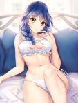  1girl artist_name bed black_hair blush braid breasts cat_lingerie frills gigamessy half-closed_eyes looking_at_viewer medium_breasts meme_attire navel on_bed panties parted_lips pillow shokugeki_no_souma side-tie_panties sitting stomach tadokoro_megumi twin_braids underwear window yellow_eyes 