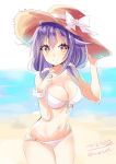  1girl alternate_costume beach blush breasts closed_mouth eyebrows_visible_through_hair hair_between_eyes hat highres hizaka kantai_collection large_breasts long_hair looking_at_viewer ocean purple_hair red_eyes solo straw_hat swimsuit taigei_(kantai_collection) twintails twitter_username white_swimsuit 