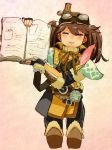  1girl :d book brown_hair closed_eyes commentary_request cosplay cowboy_shot feathers goggles goggles_on_head handler_(monster_hunter_world) handler_(monster_hunter_world)_(cosplay) highres kantai_collection long_hair monster_hunter monster_hunter:_world open_book open_mouth ryuujou_(kantai_collection) smile solo twintails 