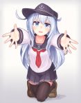  1girl :d black_legwear blue_eyes blue_skirt brown_footwear eyebrows_visible_through_hair flat_cap full_body hat hibiki_(kantai_collection) highres imminent_hug kantai_collection kneeling loafers long_hair long_sleeves looking_at_viewer neckerchief open_mouth outstretched_arms pleated_skirt red_neckwear reitou_mikan school_uniform serafuku shoes silver_hair simple_background skirt smile solo thigh-highs white_background 