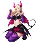  1girl bare_shoulders bat_wings blonde_hair blush breasts cleavage cosplay demon_girl gloves green_eyes head_wings highres horns kibellin large_breasts long_hair looking_at_viewer persona persona_5 pointy_ears smile solo succubus tail takamaki_anne tattoo thigh-highs twintails wings 