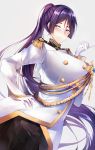  1girl aiguillette artist_request bangs black_skirt blush breasts buttons closed_mouth cosplay epaulettes fate/extella fate/extella_link fate/extra fate/grand_order fate_(series) gloves hand_on_hip huge_breasts jacket jewelry long_hair medal military_jacket minamoto_no_raikou_(fate/grand_order) parted_bangs pendant purple_hair scathach_(fate/grand_order) scathach_(fate/grand_order)_(cosplay) simple_background skirt smile solo very_long_hair violet_eyes white_gloves white_jacket 