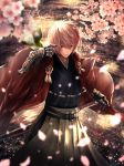  1boy absurdres bird bird_on_hand bracer brown_eyes cherry_blossoms gauntlets hand_up highres light_brown_hair looking_at_viewer male_focus nyaon_oekaki outdoors solo standing sword weapon 
