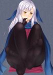  1girl bangle black_gloves black_legwear blue_scarf bracelet feet fingerless_gloves fire_emblem fire_emblem:_akatsuki_no_megami gloves half_updo jewelry micaiah pantyhose pokokaki scarf side_slit silver_hair sitting soles solo yellow_eyes 