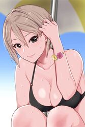  1girl arm_up bangs bikini black_bikini black_eyes blue_sky bracelet breasts cleavage collarbone earrings eyebrows_visible_through_hair flower flower_bracelet grey_hair hair_between_eyes hand_in_hair highres idolmaster idolmaster_cinderella_girls jewelry large_breasts otsuki38 parasol shiomi_shuuko short_hair sky smile solo squatting swimsuit tsurime umbrella upper_body wet 