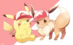  :3 ;3 arm_up artist_name baseball_cap closed_mouth commentary eevee english_commentary full_body gen_1_pokemon hand_on_headwear hat looking_at_viewer looking_to_the_side mei_(maysroom) no_humans pikachu pink_background pokemon pokemon_(creature) pokemon_(game) pokemon_lgpe red_hat signature white_background white_hat 