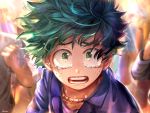  1boy anezu artist_name blurry blurry_background boku_no_hero_academia clenched_hand crowd freckles green_eyes green_hair jewelry looking_at_viewer male_focus midoriya_izuku necklace open_mouth outdoors solo_focus standing tears upper_body 