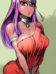  1girl armlet blush breasts circlet cleavage collarbone dark_skin dragon_quest dragon_quest_iv eyelashes gem green_background highres jewelry large_breasts long_hair minea misonou_hirokichi neck_ring parted_lips purple_hair red_eyes sidelocks single_bare_shoulder solo straight_hair sweat v_arms 