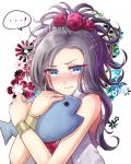  1girl bare_shoulders black_hair blue_eyes blush bracelet closed_mouth deborah dragon_quest dragon_quest_v earrings eyebrows_visible_through_hair eyes_visible_through_hair feather_boa flower gotou_(goto_sep) hair_flower hair_ornament holding holding_stuffed_animal hoop_earrings jewelry long_hair looking_at_viewer mole mole_under_eye nose_blush pink_ribbon red_flower red_rose ribbon rose solo speech_bubble stuffed_animal stuffed_fish stuffed_toy upper_body 