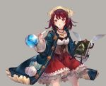  1girl angry atelier_(series) atelier_sophie bag benitama book brown_eyes brown_hair coat flask frilled_skirt frills jewelry necklace open_mouth plachta short_hair simple_background skirt solo sophie_neuenmuller wings 