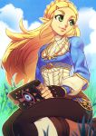  1girl bangs blonde_hair braid commentary day english_commentary fingerless_gloves flat_chest forehead french_braid gloves green_eyes hair_ornament koi_drake long_hair looking_to_the_side pants parted_bangs pointy_ears princess_zelda seiza sheikah_slate sidelocks sitting solo the_legend_of_zelda the_legend_of_zelda:_breath_of_the_wild 