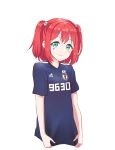  1girl 2018_fifa_world_cup adidas aqua_eyes bangs blue_shirt commentary_request cropped_torso facial_mark flag_print gorilla-shi hair_bobbles hair_ornament highres japanese_flag jersey kurosawa_ruby logo looking_at_viewer love_live! love_live!_sunshine!! redhead shirt shirt_tug short_sleeves smile soccer_ball_hair_ornament soccer_uniform solo sportswear two_side_up upper_body world_cup 