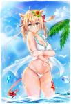  animal_ears beach bikini blonde_hair blue_eyes blue_sky blush bow breasts cat_ears cleavage clouds day droplet final_fantasy final_fantasy_xiv flower glasses groin hair_bow hair_flower hair_ornament hat hat_removed headwear_removed highres looking_at_viewer luminous medium_hair miqo&#039;te navel outdoors sky standing starfish straw_hat sunflower_hair_ornament sunlight swimsuit tail tree wading wavy_mouth white_bikini 