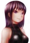  1girl bangs bare_shoulders breasts closed_mouth commentary_request copyright_request highres long_hair looking_at_viewer medium_breasts pink_x purple_hair simple_background smile solo upper_body violet_eyes white_background 