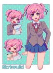 &gt;_&lt; 1girl :d blue_skirt border character_name cropped_legs cupcake doki_doki_literature_club eyebrows_visible_through_hair eyes_visible_through_hair fang food hair_ornament hair_ribbon hairclip hand_on_hip looking_at_viewer multiple_views natsuki_(doki_doki_literature_club) open_mouth paper pink_eyes pink_hair pleated_skirt polka_dot polka_dot_background red_ribbon ribbon sasakama_(sasagaki01) school_uniform short_hair simple_background skirt smile sparkle two_side_up 