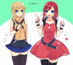  2girls :d bangs bare_shoulders belt belt_buckle black_belt black_legwear blonde_hair blue_eyes blue_skirt breasts buckle cosplay dress eyebrows_visible_through_hair fingerless_gloves gloves hair_between_eyes hair_over_shoulder ibuki_hitona index_finger_raised jewelry kairi_(kingdom_hearts) kingdom_hearts kingdom_hearts_ii kingdom_hearts_unchained_x long_hair loose_belt medium_breasts miniskirt multiple_girls namine necklace open_mouth pleated_skirt red_dress redhead riku riku_(cosplay) skirt smile sora_(kingdom_hearts) sora_(kingdom_hearts)_(cosplay) star star_necklace thigh-highs wristband zettai_ryouiki zipper zipper_pull_tab 