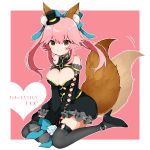  1girl animal_ears bangs bare_shoulders black_footwear black_legwear blue_bow bow breasts cleavage cleavage_cutout copyright_name detached_sleeves eyebrows_visible_through_hair fate/extra fate/extra_ccc fate_(series) flower fox_ears fox_tail full_body hair_bow happy hat heart high_heels highres large_breasts long_hair long_sleeves looking_at_viewer mini_hat mini_top_hat o-ring pink_hair rose shoes sitting sleeves_past_fingers smile solo tail tail_wagging takae_(poupee_en_biscuit) tamamo_(fate)_(all) tamamo_no_mae_(fate) thigh-highs top_hat wariza white_flower white_rose yellow_eyes 