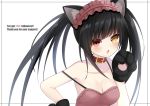  1girl :o animal_ears bare_shoulders black_hair blush breasts cat_ears cat_paw cleavage closed_eyes collar collarbone date_a_live english gloves hairband hand_up heterochromia lolita_hairband long_hair looking_at_viewer medium_breasts paw_gloves paw_pose paws red_eyes shiratoriko simple_background solo strap_slip tokisaki_kurumi twintails upper_body white_background yellow_eyes 