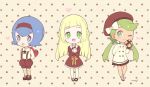  3girls :d :p alternate_costume arm_behind_back arms_behind_back artist_name baggy_pants bangs beret blonde_hair blue_eyes blue_hair blush bow box braid brown_dress brown_footwear brown_hairband brown_hat brown_legwear brown_shorts brown_skirt chibi commentary dark_skin dress english_commentary eyebrows_visible_through_hair french_braid full_body gift gift_box green_eyes green_hair hair_bow hat heart heart-shaped_box holding holding_gift kneehighs lillie_(pokemon) long_hair long_sleeves looking_at_viewer low_twintails mallow_(pokemon) mary_janes mei_(maysroom) multiple_girls object_hug one_eye_closed open_mouth pants pink_background pleated_skirt pokemon pokemon_(game) pokemon_sm polka_dot polka_dot_background shoes short_dress short_hair shorts sidelocks signature skirt smile standing straight_hair suiren_(pokemon) suspender_shorts suspenders swept_bangs tongue tongue_out twintails valentine white_bow 