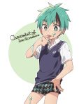  1boy argyle borrowed_character boxers bright_pupils character_name chocomint-kun_(yuushitessen) finger_licking food_on_body green_eyes green_hair highres keitomato licking male_focus no_pants original school_uniform short_sleeves solo sweater_vest underwear 