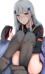  1girl absurdres anotai arm_between_legs ass beret black_legwear blush convenient_leg facepaint german_flag girls_frontline green_eyes hat hat_removed headwear_removed highres hk416_(girls_frontline) iron_cross knees_up long_sleeves looking_at_viewer military_jacket no_pants silver_hair sitting smile solo thigh-highs thighs 